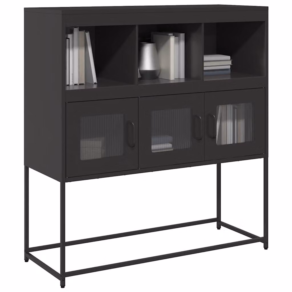 Credenza moderna vidaXL in metallo nero con ante in vetro e ripiani interni L: 100,5 cm, P: 39 cm, H: 107 cm