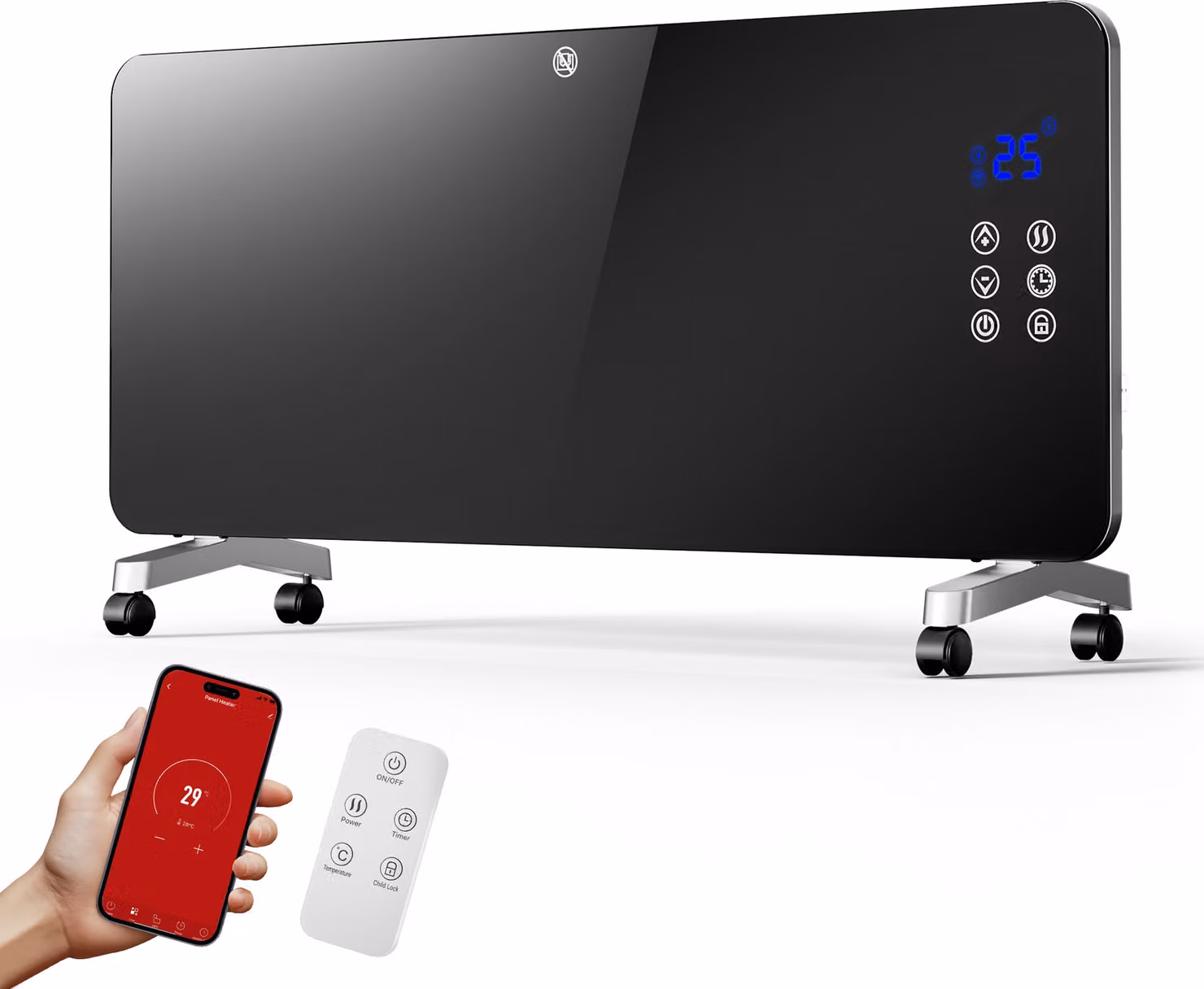 Riscaldatore elettrico in vetro Wiltec 2000 W, convettore in vetro con display a LED, riscaldatore elettrico con montaggio a parete e rotelle, riscaldatore elettrico con controllo wifi incl. telecomando