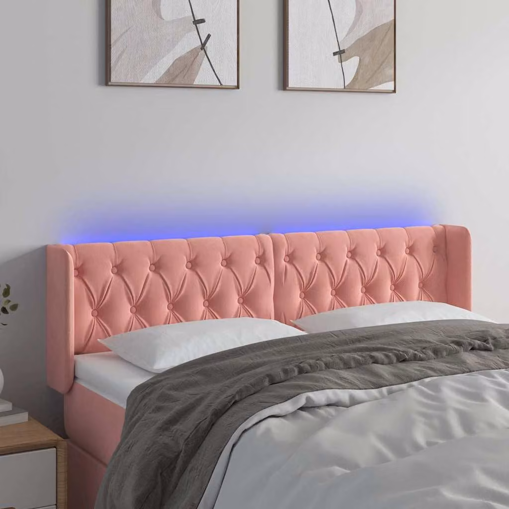 Testiera per letto vidaXL in velluto rosa con illuminazione LED e porta di ricarica USB, L 147 cm x P 16 cm x H 78/88 cm