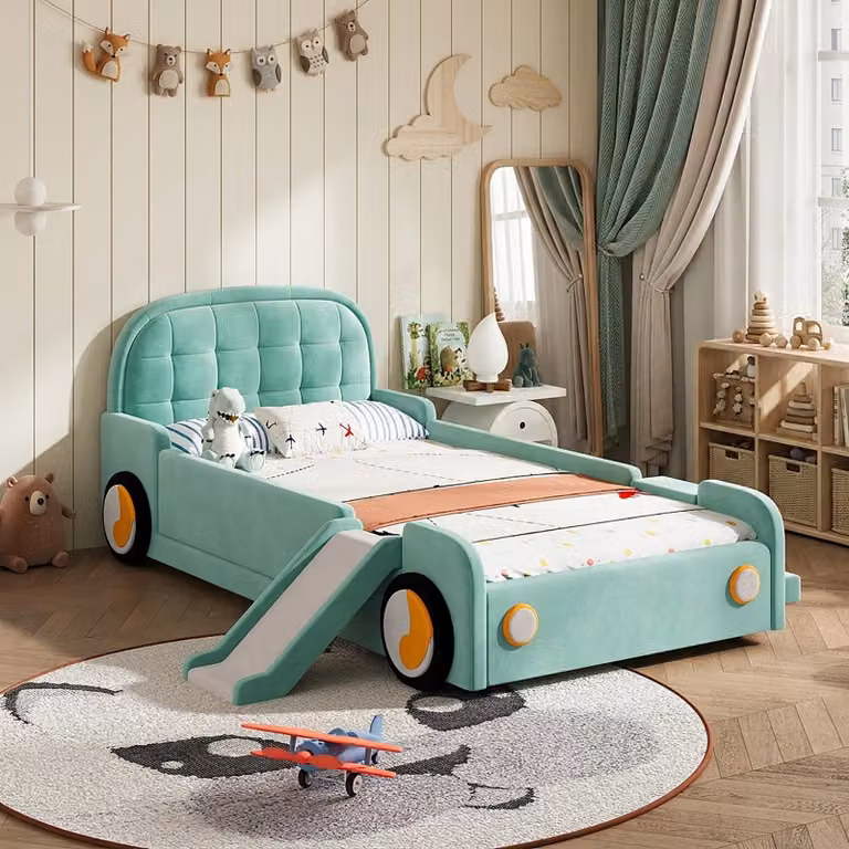 Letto imbottito Merax, modello "auto", 90x200 cm, con scivolo, letto per bambini, letto gioco con scaletta montabile a sinistra o a destra, dotato di protezioni laterali e bordi imbottiti, colore blu-verde