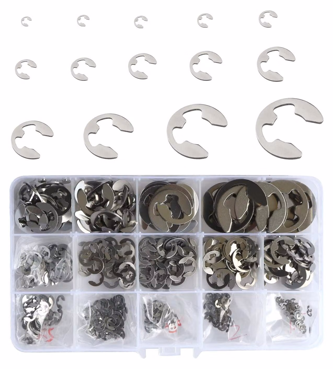 Set di clip E, 510 pezzi, 14 dimensioni, da M1,5 a M15 mm, in acciaio inossidabile