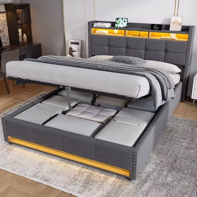 Letto 140x200 cm con LED; prese elettriche e porte USB; cassetti contenitore; struttura in metallo