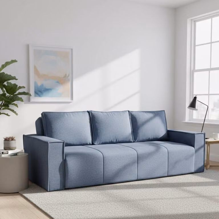 Dmora Divano Letto 3 Posti Naturno 231x99 cm blu, Contenitore di Apertura Click-clack