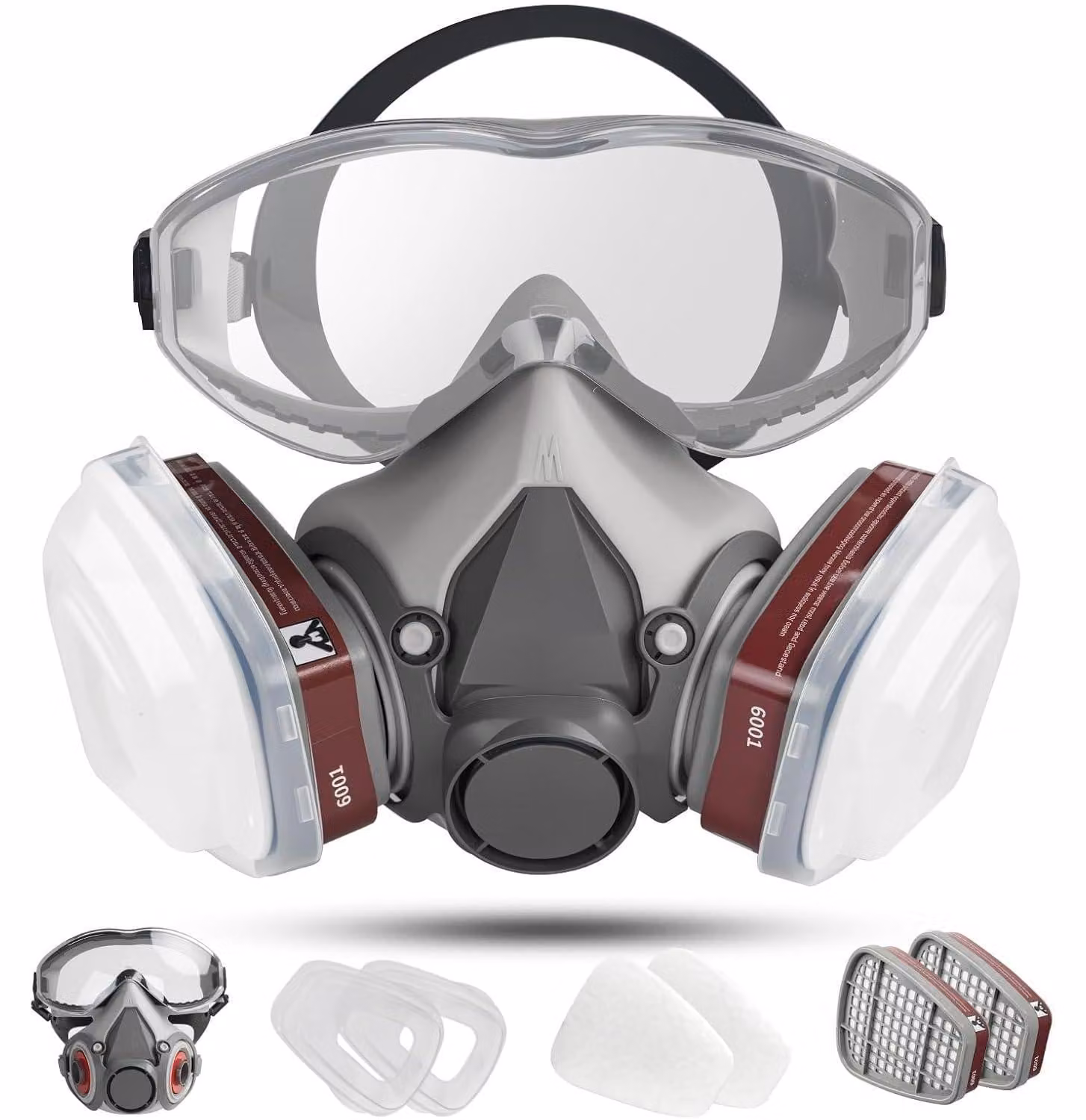 Mascherina protettiva per le vie respiratorie con visiera e filtri, maschera antipolvere per gas e vapori, riutilizzabile, colore grigio