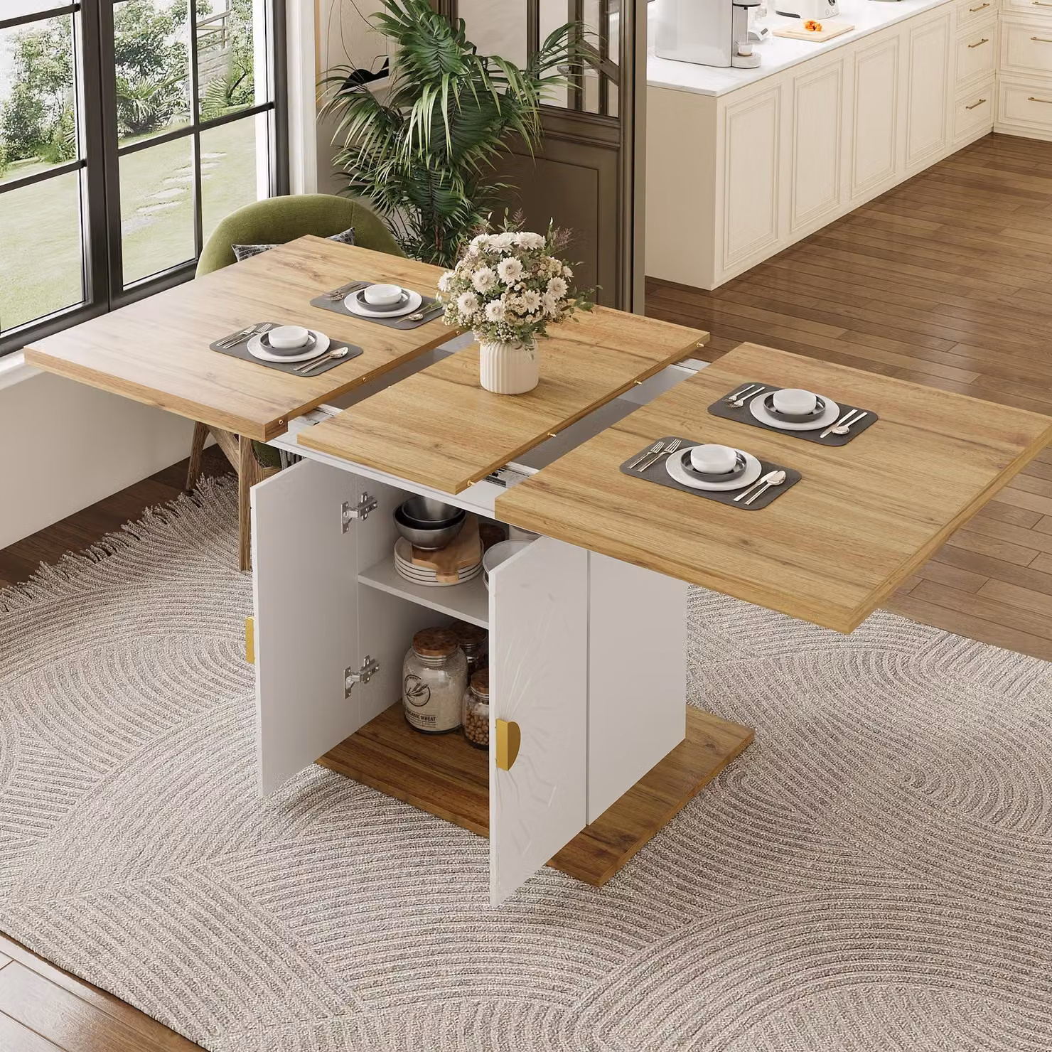 MODFU: tavolo allungabile per cucina e soggiorno, tavolo da pranzo con sistema di allungamento e prolunga, tavolo con motivo solare, bianco e legno