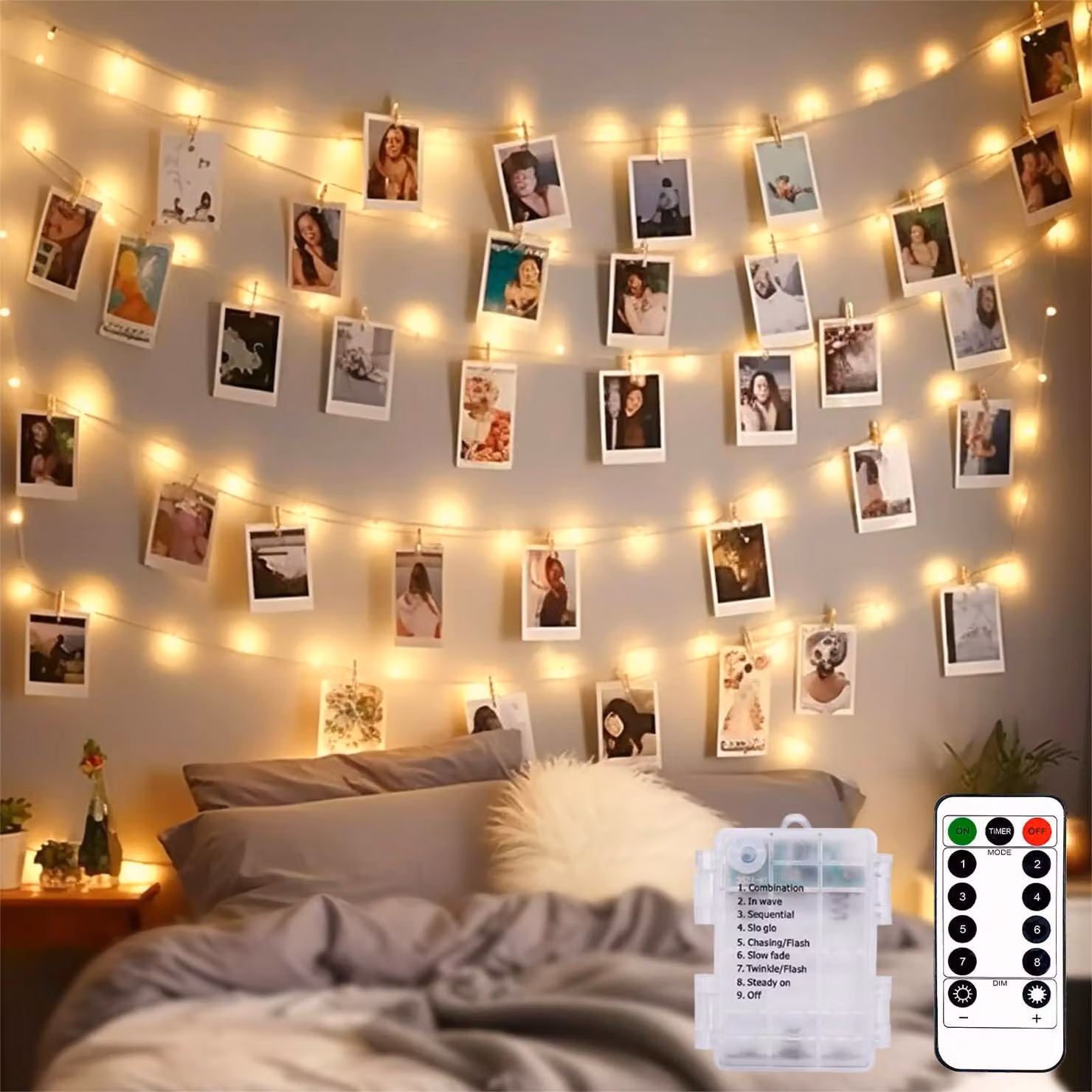 Catena luminosa con 100 LED, 10 metri, luce bianco caldo, 8 modalità, dimmerabile, impermeabile, con telecomando