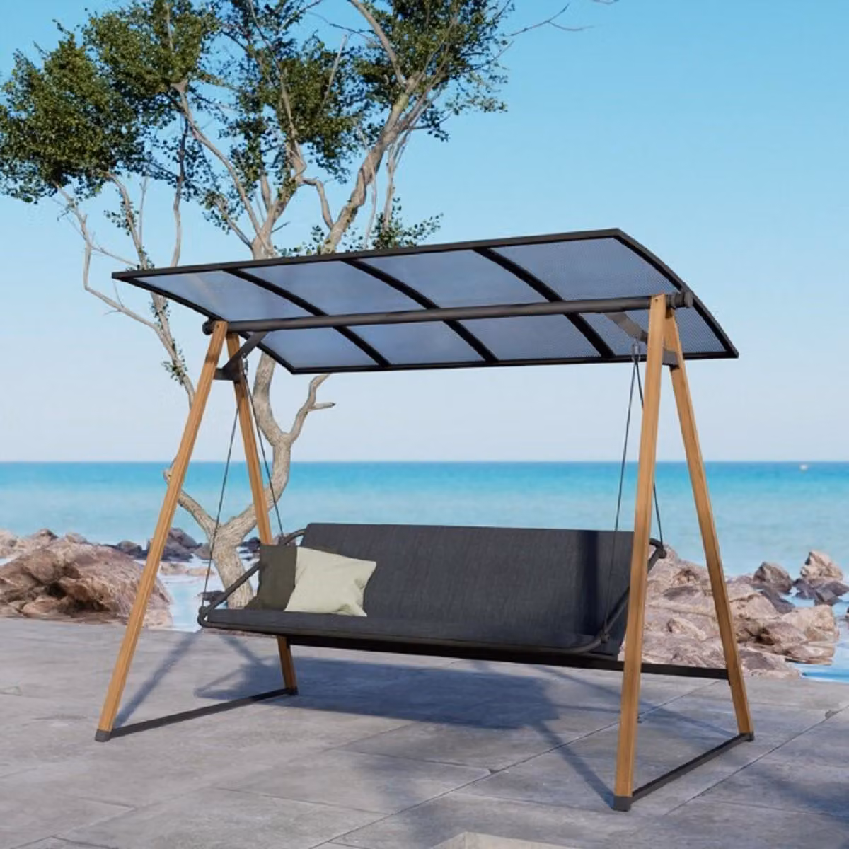 Casa Padrino Luxury Hollywood Swing Grigio / Marrone - Altalena da giardino con tettuccio parasole