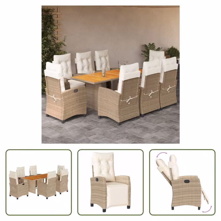 The Living Store Set da pranzo da giardino 9 pezzi con cuscini Beige poly rattan