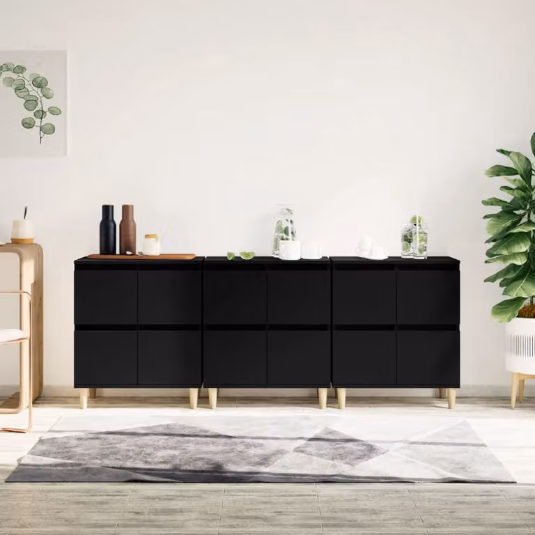 Set di 3 credenze vidaXL in legno multistrato e MDF, colore nero opaco, L: 60 cm, P: 35 cm, H: 70 cm