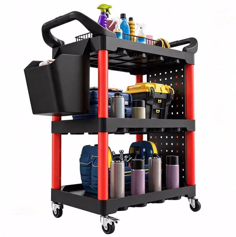 Carrello attrezzi - Carrello da officina - Vuoto - 3 pannelli forati con ganci - Montato su ruote con maniglie - Capacità di carico fino a 40 kg - Nero/Rosso
