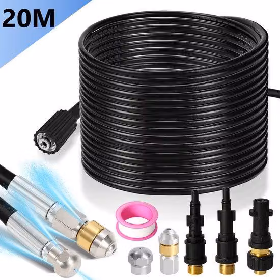Kit di pulizia per scarichi, lunghezza 20 metri, con punta rotante e orientata in avanti, compatibile con idropulitrici Kärcher e Lavor, include kit per la pulizia dei tubi di scarico