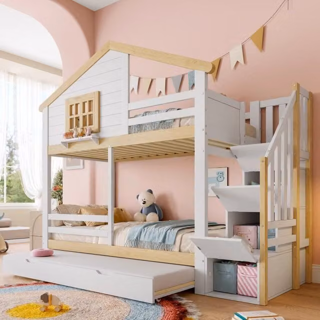Letto a castello 90x200 cm, spondina, letto estraibile, scala contenitore, finestre, design a casa, bianco e naturale