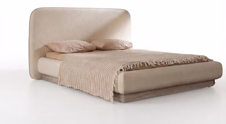 Letto matrimoniale moderno color beige, imbottito, ideale per la camera da letto