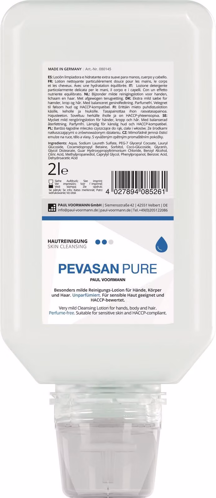 Detergente per mani Pevasan PURE 2 litri bottiglia morbida a pH neutro