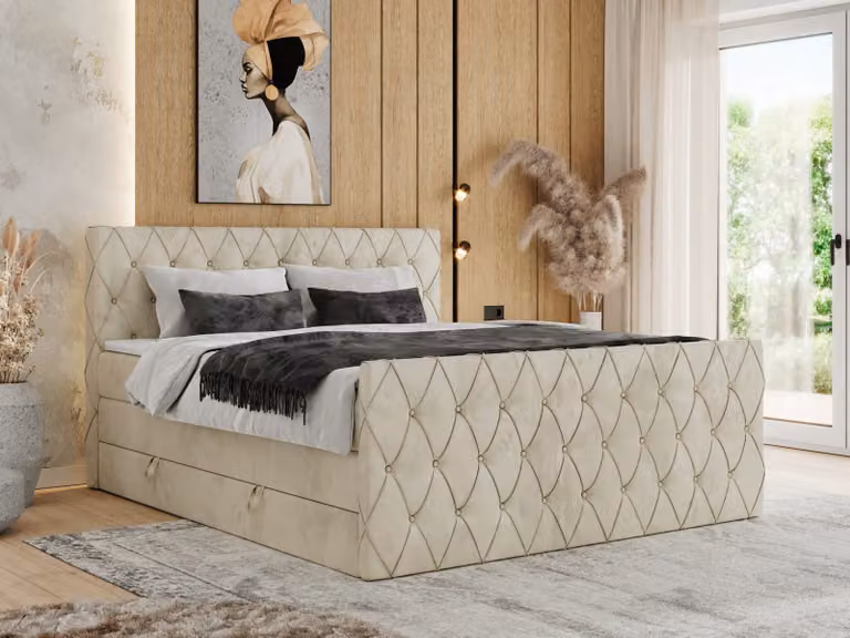 Letto con rete a molle MKS MEBLE, 140 x 200 cm, con contenitore, letto 140 x 200 cm con materasso H4, letto con rete a molle 140 x 200 cm con topper - Miren King Duo - Velluto beige - H4