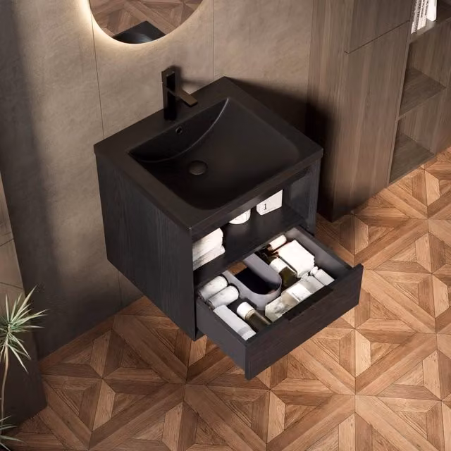 Mobile bagno sospeso con lavabo integrato in ceramica nera, cassetto e ripiano aperto