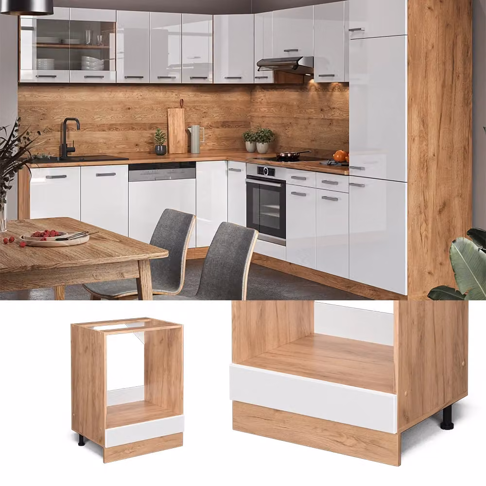 Mobile per forno da incasso Vicco R-Line Bianco lucido e Rovere con base Antracite, Larghezza: 60 cm – 2