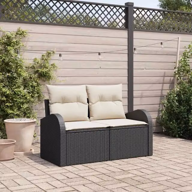 Divano da giardino vidaXL in polyrattan nero con cuscini L: 124 cm, P: 62 cm, H: 69 cm