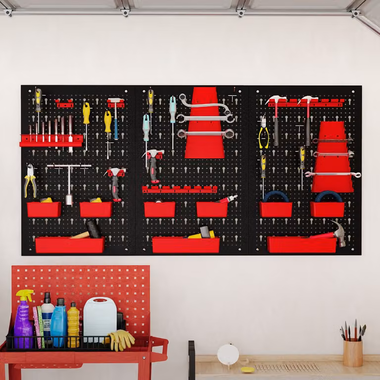 Organizzatore da parete con pannello forato e 9 contenitori Costway Rosso