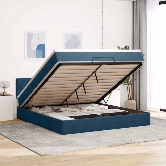 Letto con contenitore a sollevamento vidaXL in velluto blu e bianco con materasso a molle L: 160 cm, P: 200 cm, H: 203 cm