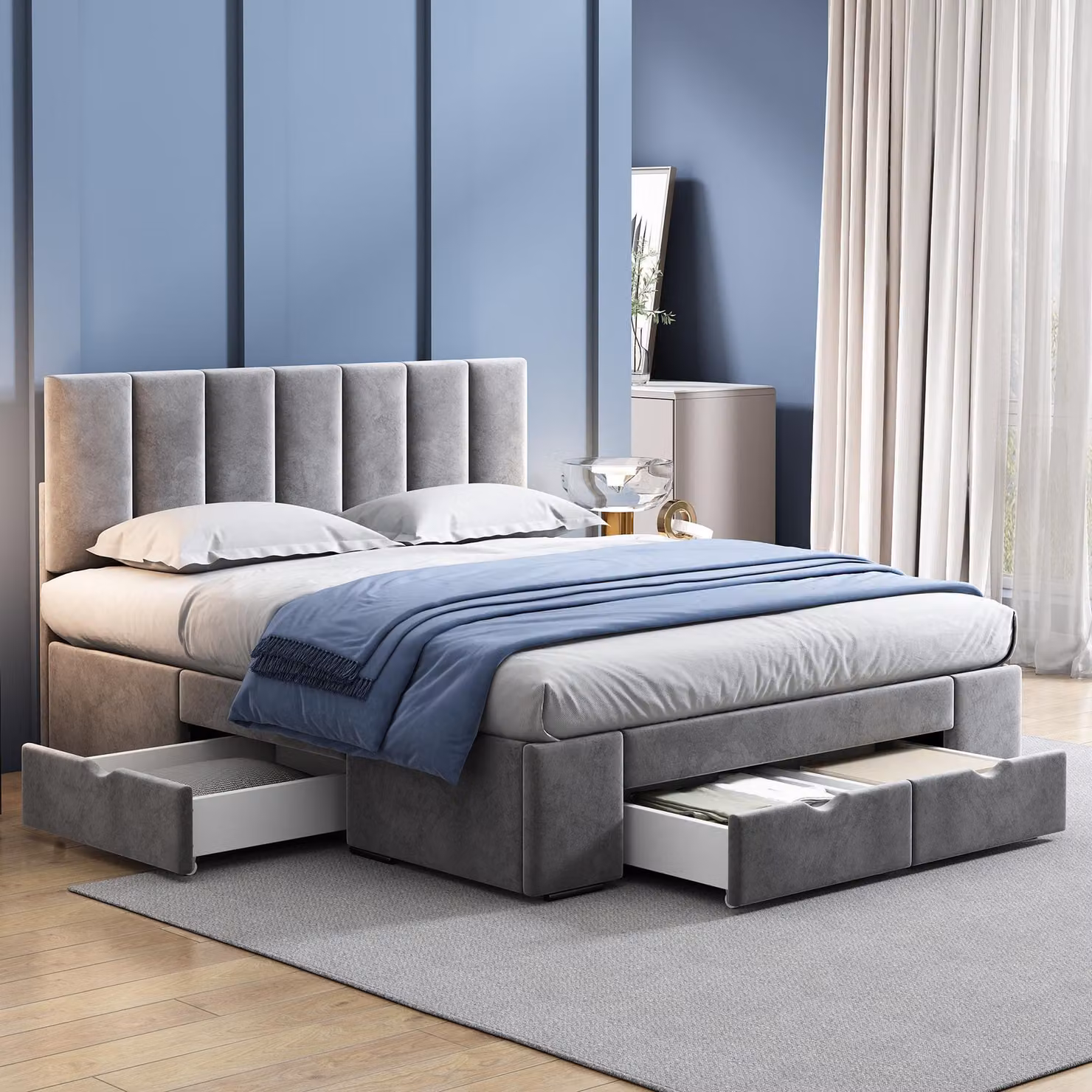 Letto imbottito 140 x 200 cm con rivestimento in velluto e 4 cassetti – Struttura del letto con poggiatesta regolabile e rete a listelli in legno, letto contenitore grigio