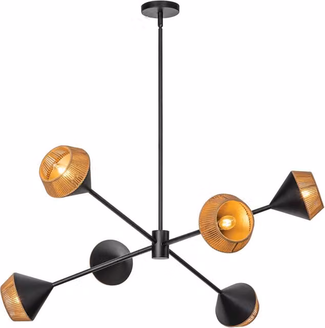Lampadario sospeso industriale Daphne Alora Mood in metallo e rattan nero e oro con 6 x E14 e altezza regolabile