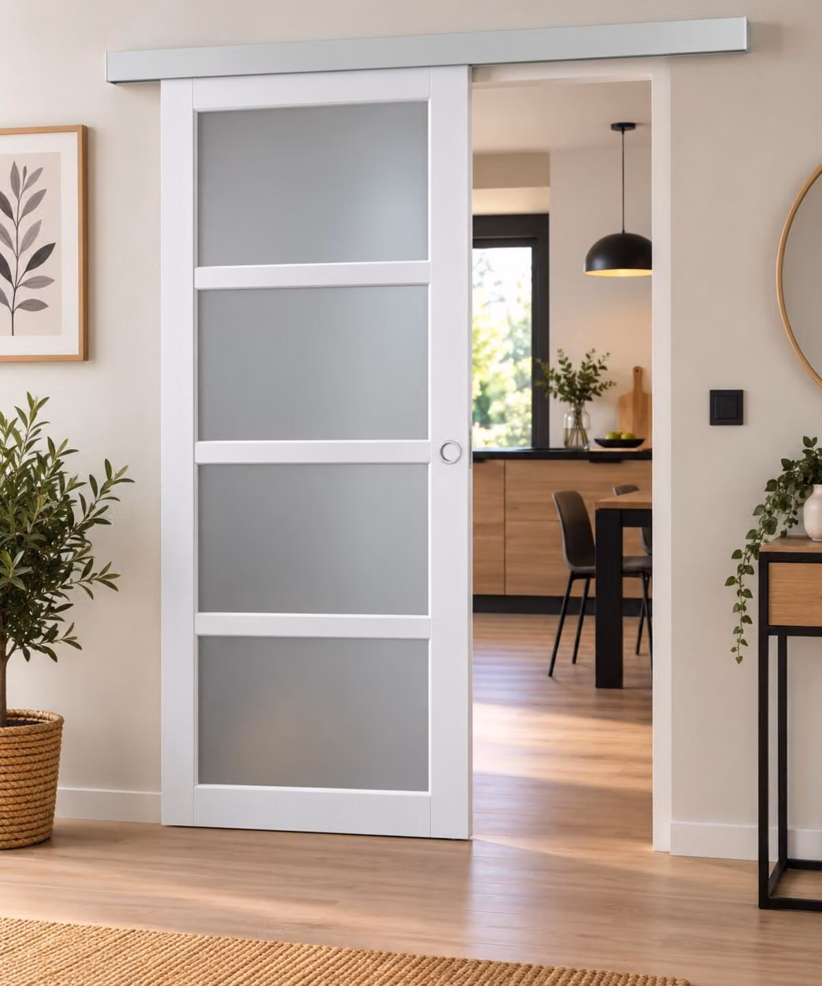 Porta scorrevole Tana bianca con vetro H204 x L73 cm, binario in alluminio, conchiglie bianche GD MENUISERIES