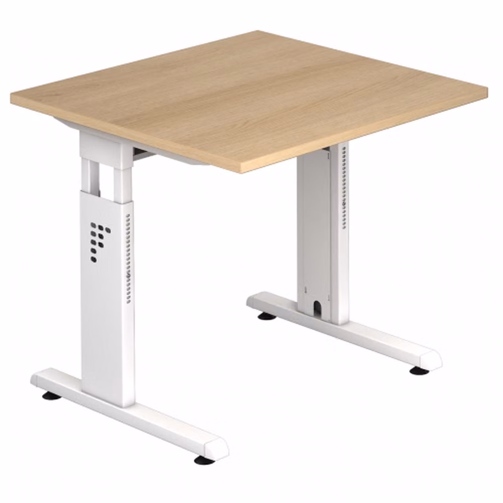 Scrivania serie O | incl. vassoio per cavi | piede a C | regolabile in altezza, dimensioni piano d'appoggio:80 x 80 cm, colore piano d'appoggio:rovere, colore struttura:bianco