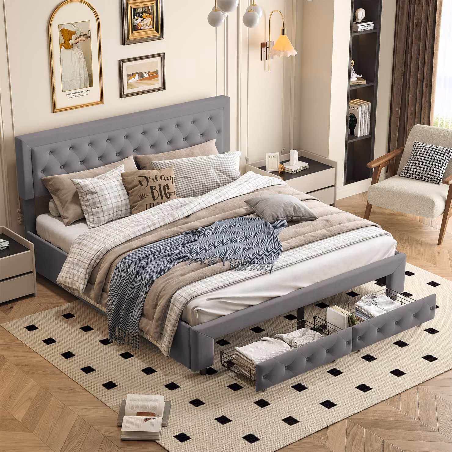 Letto imbottito Fortuna Lai 160x200cm, letto matrimoniale con cassetto, letto a molle idrauliche con rete a doghe, letto contenitore letto in legno massello velluto, grigio