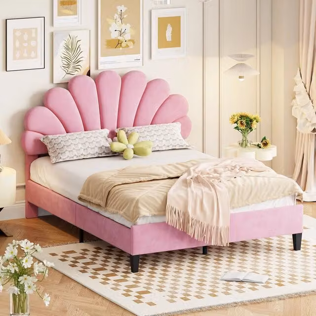 Letto imbottito matrimoniale ¨C Minimal ¨C Rosa velluto 140x200cm con testiera e rete a doghe