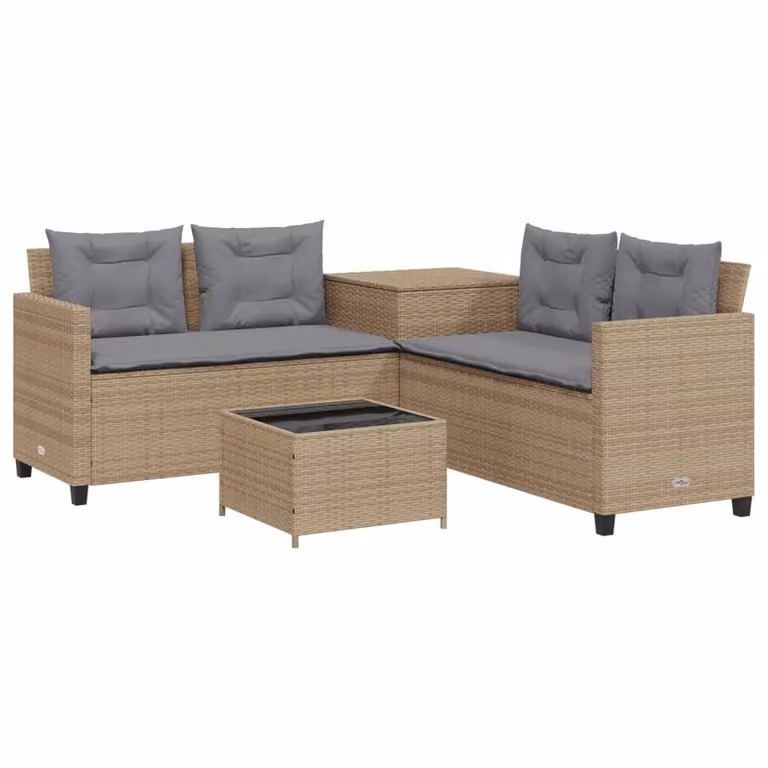Divano da Giardino con Tavolo e Cuscini a L Beige in Polyrattan