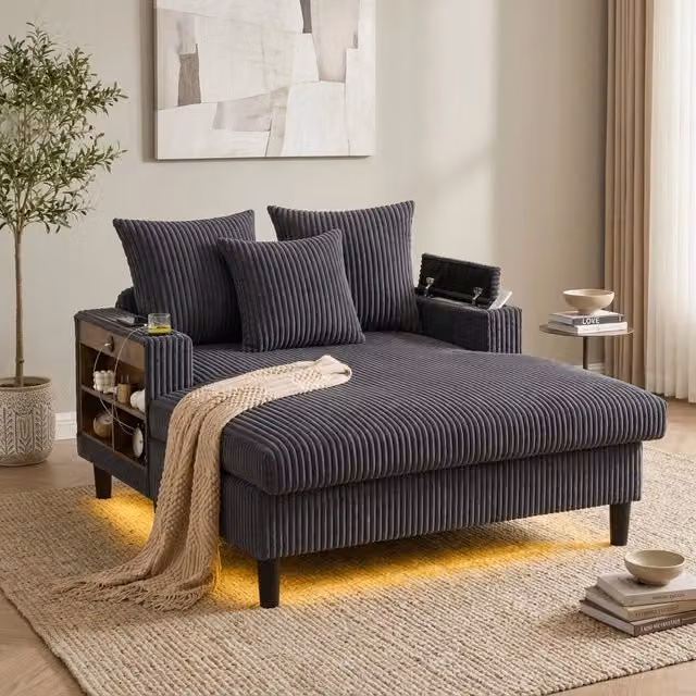Poltrona chaise longue Mivray in velluto a coste grigio con illuminazione LED, porta bicchieri, ricarica USB e vano contenitore L/P/H: 170 x 129 x 70 cm