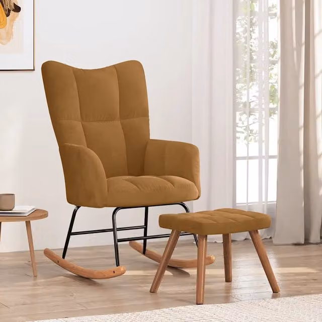 Sedia a dondolo relax con sgabello VIDAXL in velluto marrone e struttura in legno e metallo – 1