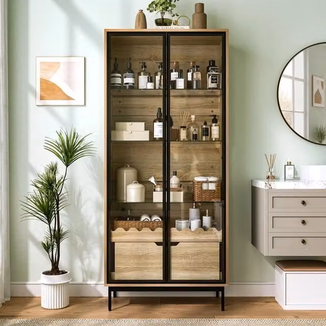 Armadio con porta in vetro e cassetto ¨C Minimal ¨C Bianco legno con piedi in metallo 60x35x180 cm