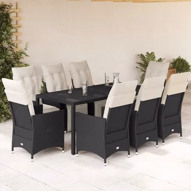 Set da Pranzo da Giardino vidaXL in Polyrattan Nero con Cuscini e Tavolo in Vetro, 9 Pezzi
