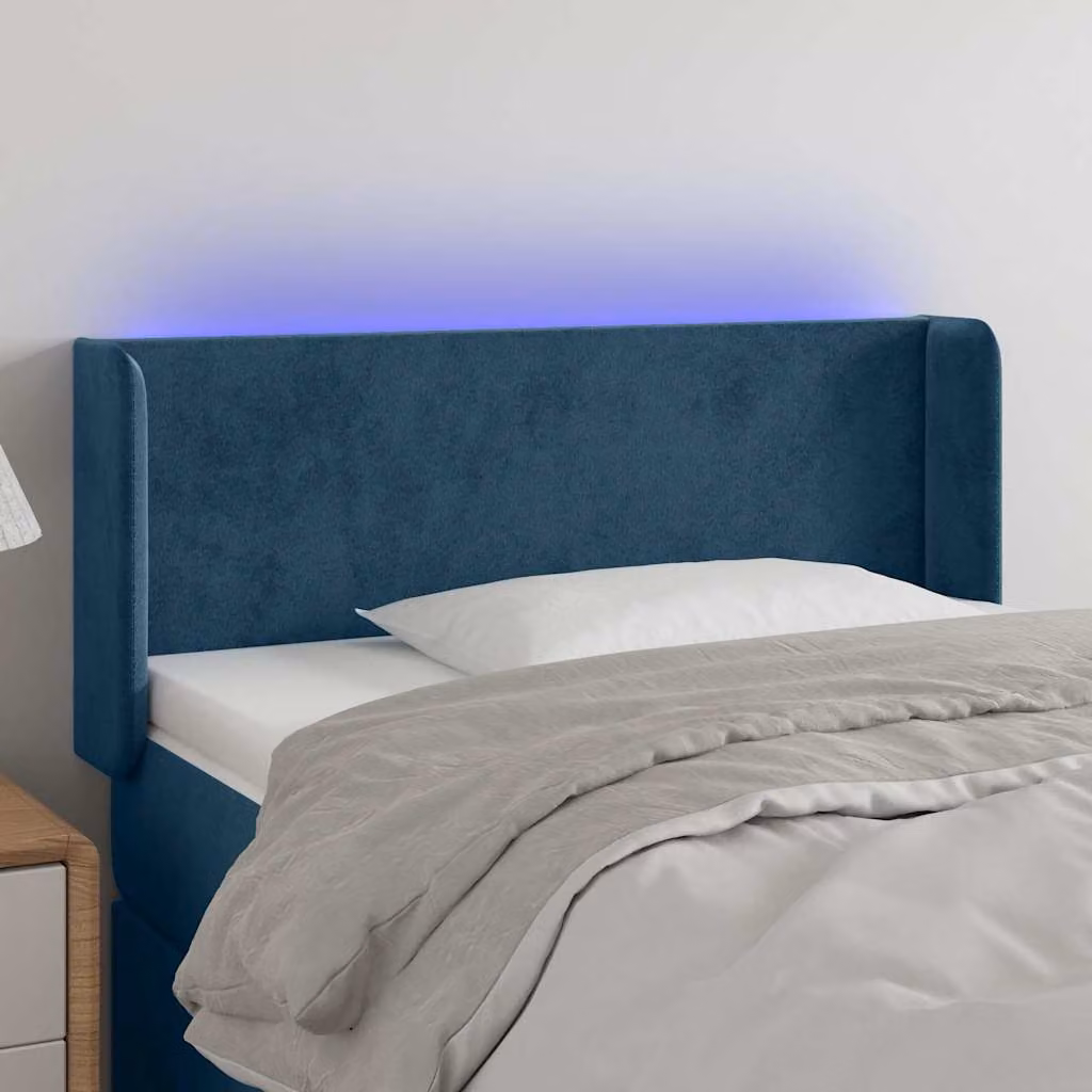 Testiera per letto vidaXL in velluto blu scuro con illuminazione LED e porta di ricarica USB, L 93 cm, P 16 cm, H 78-88 cm