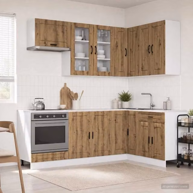 Unità Cucina Moderna vidaXL in Legno Rovere Marrone con Ante in Vetro e Scaffali Aperti 8 Pezzi – 1