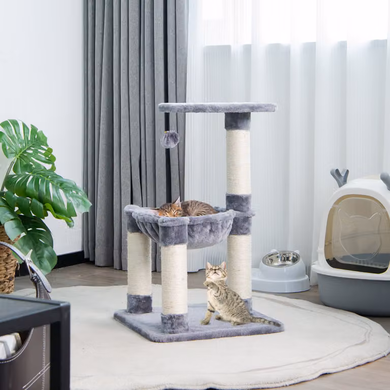 COSTWAY tiragraffi 64cm piccolo, albero per gatti con amaca accogliente e grande piattaforma e palla di pelo, tiragraffi per gatti, albero da arrampicata, grigio