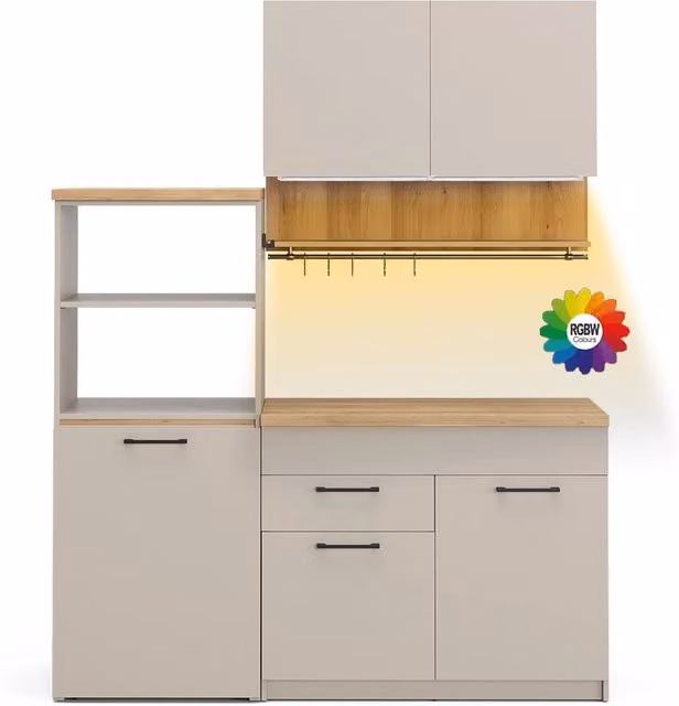 Cucina monoblocco Vicco Egbert Grigio e Rovere con tavolo allungabile e illuminazione LED integrata L: 160 cm, P: 60 cm, H: 81,6 cm – 1