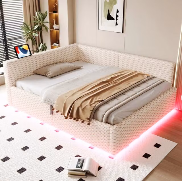 Multifunktionsbett 140x200 cm con LED; USB-C e vano contenitore; velluto beige