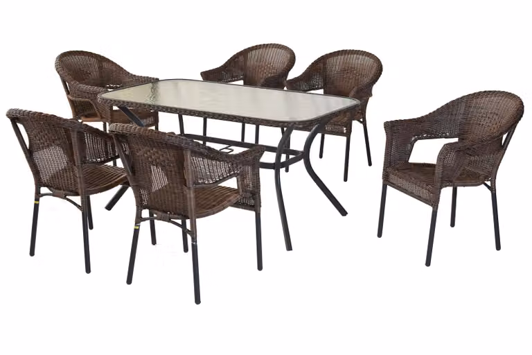 Set di mobili da giardino Merxx Ravenna 7 pezzi, 6 poltrone impilabili, tavolo 150 x 85 cm, color cioccolato - alluminio/polyrattan