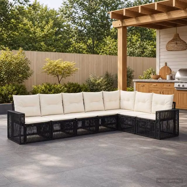 Set Divano da Giardino 7 pz Nero e Bianco Crema polyrattan 3435133