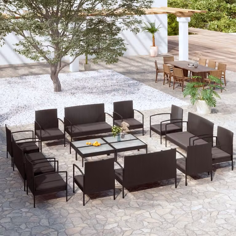 The Living Store Set da giardino da 16 pezzi con cuscini in poly rattan nero