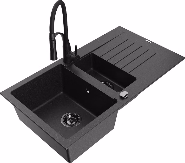 Mexen Matias lavello in granito 1,5 vasca con gocciolatoio e miscelatore cucina Aster, nero/argento - 6502-73-73450-70-B