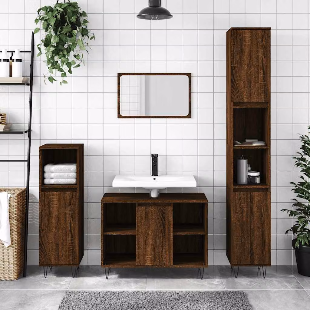 Armadietto da bagno vidaXL in legno rovere marrone con ante a battente e ripiani interni, stile industrial, L 80 cm x P 33 cm x H 60 cm