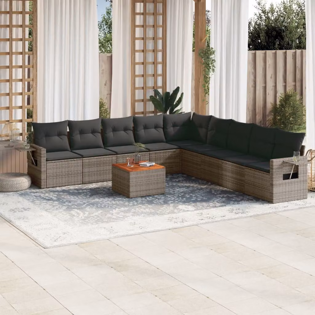 vidaXL Set Divano da Giardino 10 pz in Polyrattan Grigio con Cuscini e Tavolino da Caffè – 1