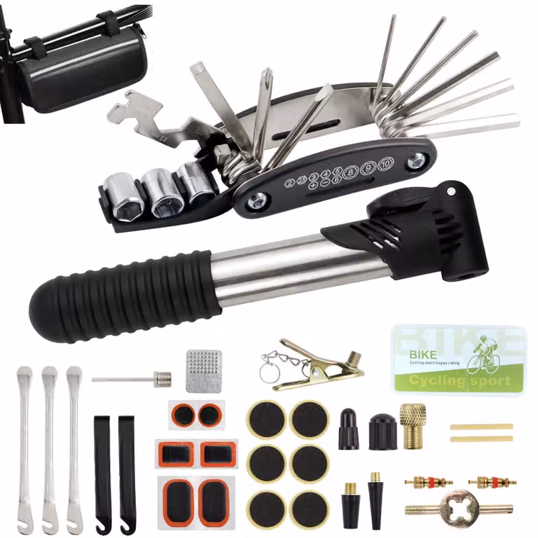 Kit di riparazione per biciclette da 34 pezzi, con un multietcattivo 16-in-1, una custodia impermeabile e una pompa per pneumatici