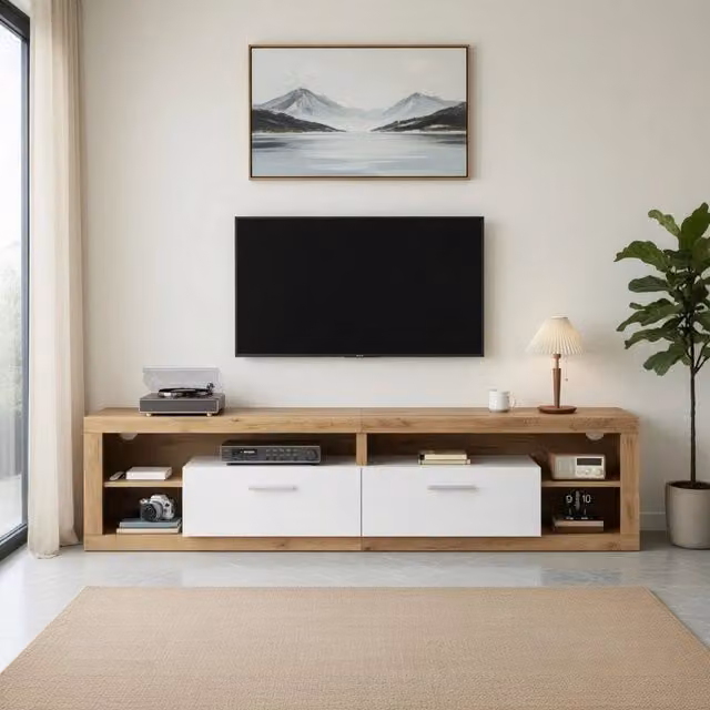 Cassettiera per TV KOMHTOM moderna in MDF bianco e beige, L: 180 cm, P: 50 cm, H: 35,5 cm – 1