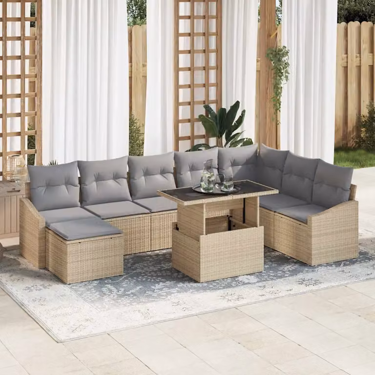 Set di divani da giardino vidaXL in polyrattan con cuscini, 9 pezzi, Beige e Grigio Chiaro