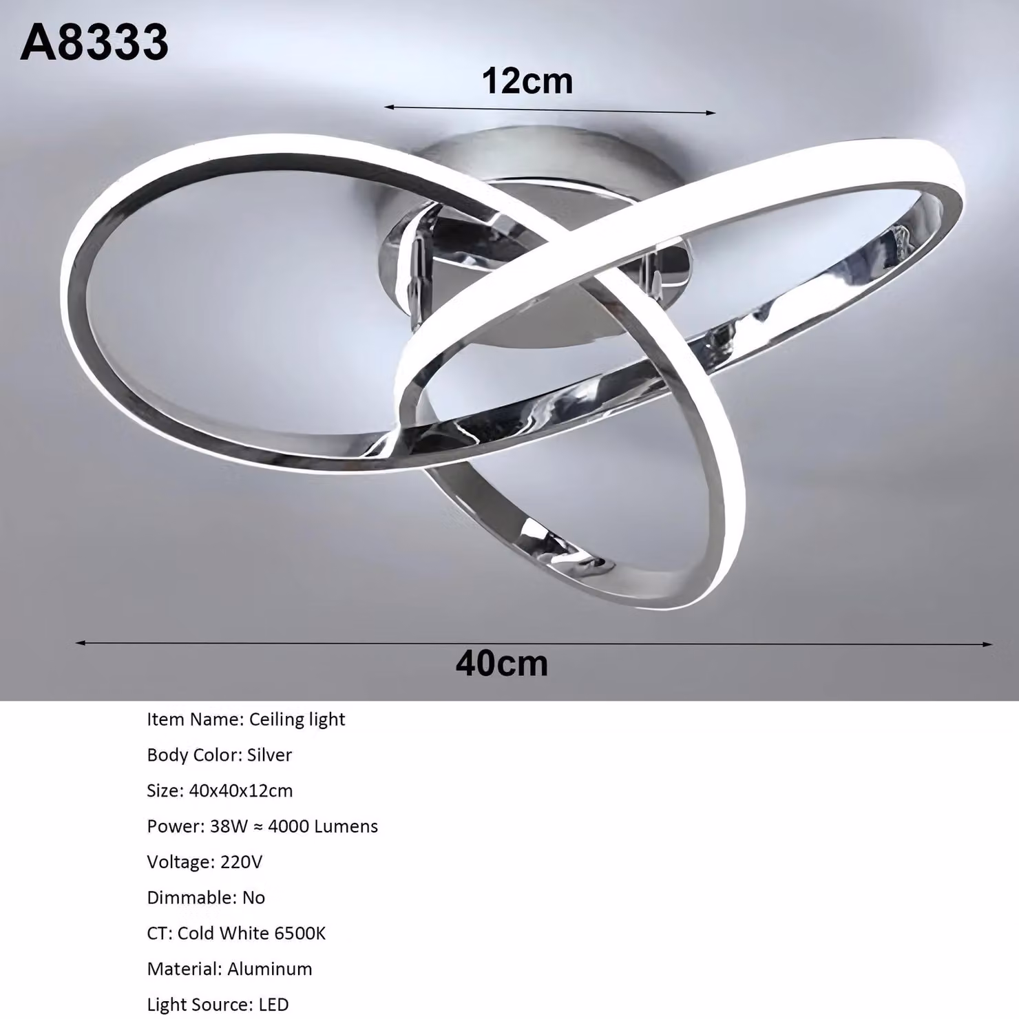 Plafoniera - A8333 - Moderna - Curva - LED - Luce bianco caldo 3000 K - Non dimmerabile - Argento